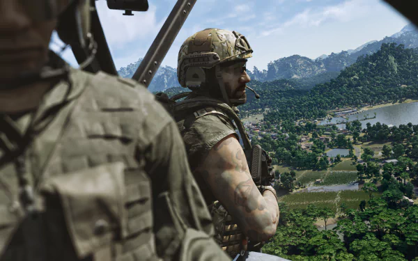 HD desktop wallpaper of soldiers in a helicopter overlooking a lush valley from the video game Gray Zone Warfare.
