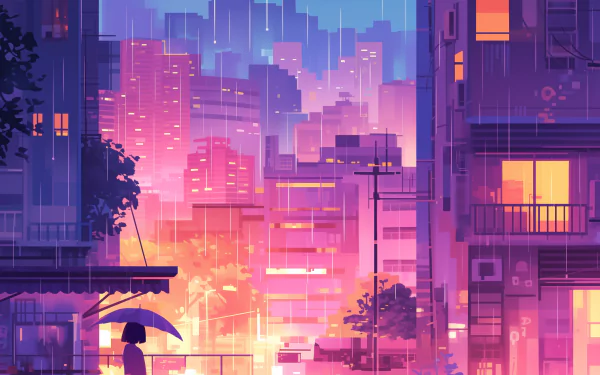 Anime-style HD desktop wallpaper featuring a rain-soaked city at dusk, with vibrant purple and pink hues and a lone figure with an umbrella.