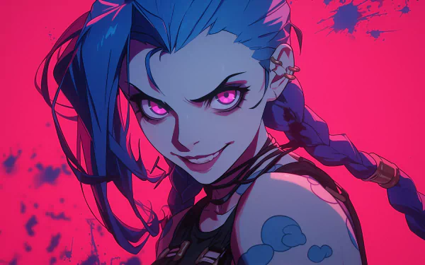 HD desktop wallpaper of Jinx from League of Legends in an anime style, featuring vibrant pink and blue hues.