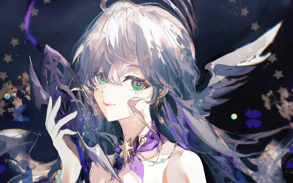 HD desktop wallpaper featuring Robin from Honkai: Star Rail, with a cosmic background and detailed, ethereal wings.