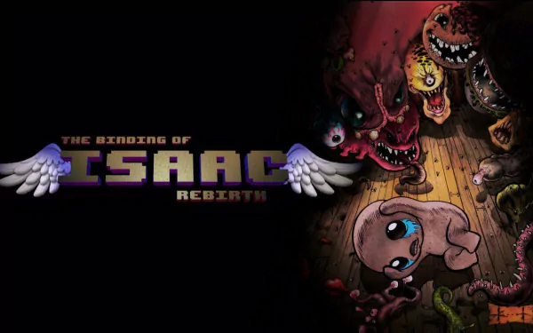 HD desktop wallpaper featuring artwork from The Binding of Isaac: Rebirth, with a depiction of Isaac and monstrous creatures in a dark, eerie setting.