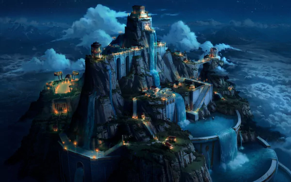 HD desktop wallpaper from Blood of Zeus featuring a night-time scene of a majestic, illuminated mountain fortress surrounded by clouds.