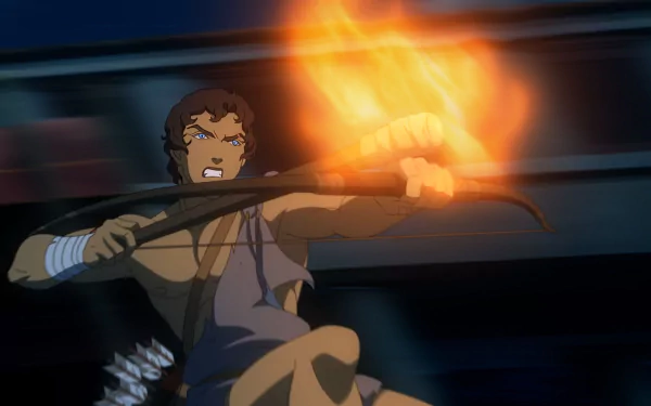 HD anime wallpaper from Blood of Zeus featuring a character shooting a flaming arrow, set against a dynamic, dark background.