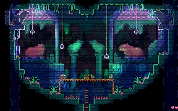 HD desktop wallpaper of Animal Well featuring a serene, vibrantly colored pixel art underground scene with a character exploring a mystical cave environment.