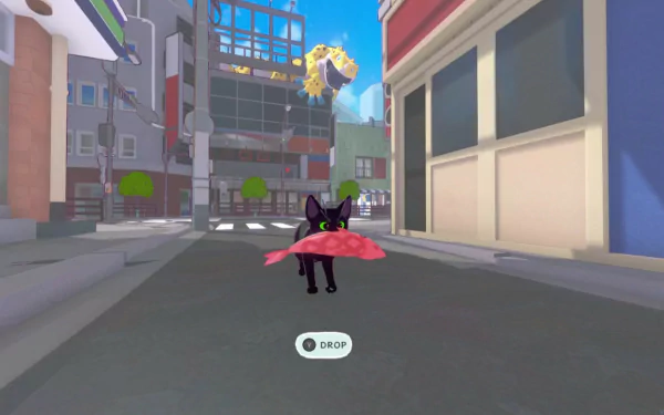 HD desktop wallpaper from Little Kitty Big City featuring a black cat in a pink tutu navigating a colorful urban environment.