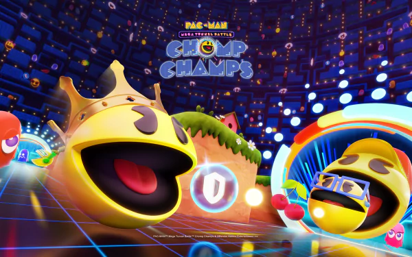 HD desktop wallpaper featuring vibrant characters from PAC-MAN Mega Tunnel Battle: Chomp Champs in a dynamic, colorful game arena.