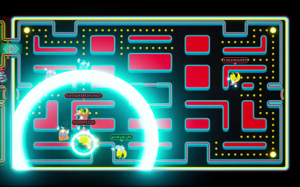 HD desktop wallpaper from PAC-MAN Mega Tunnel Battle: Chomp Champs, featuring a vibrant game map with glowing neon mazes and characters.