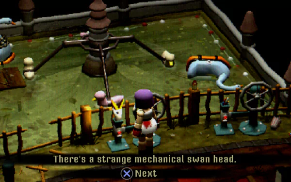HD desktop wallpaper from the video game Crow Country, featuring a character inspecting a strange mechanical swan head in a whimsical game setting.