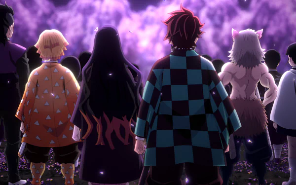 4K Ultra HD Anime wallpaper featuring characters from Demon Slayer: Kimetsu no Yaiba standing together, viewed from behind against a vibrant purple smoky background.