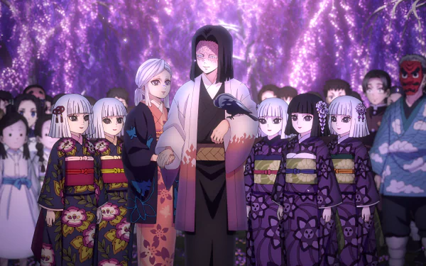 4K Ultra HD Anime wallpaper featuring characters from Demon Slayer: Kimetsu no Yaiba standing under glowing purple wisteria blossoms.