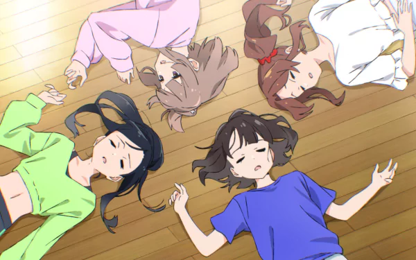 HD anime wallpaper featuring five anime girls lying on the floor, viewed from above, creating a trapezium shape with a warm wooden background.