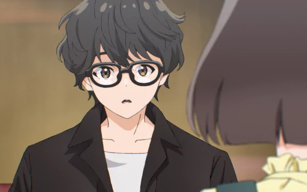 HD anime wallpaper featuring a young anime boy with black hair and glasses in a brown jacket, looking slightly surprised.