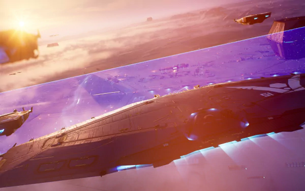 HD desktop wallpaper featuring a scene from Homeworld 3 video game, with large space ships hovering above a vibrant, cloud-covered planet.