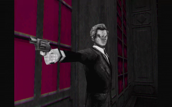 HD desktop wallpaper from Lorelei and the Laser Eyes, featuring a monochrome character in a suit pointing a gun, set against a vividly pink window and dark hallway.