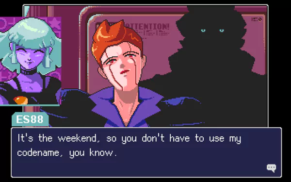 HD desktop wallpaper from Read Only Memories: NEURODIVER featuring character dialog in a pixel art style.