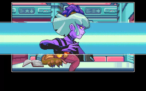 HD desktop wallpaper featuring a pixel art character from the video game Read Only Memories: NEURODIVER, set in a futuristic environment.