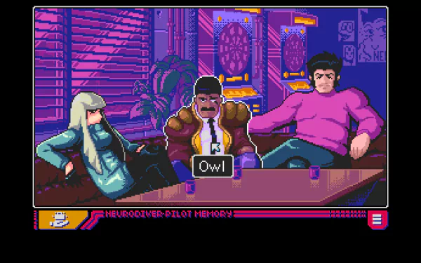 HD desktop wallpaper from Read Only Memories: NEURODIVER featuring three characters in a neon-lit bar setting, styled in vibrant pixel art.