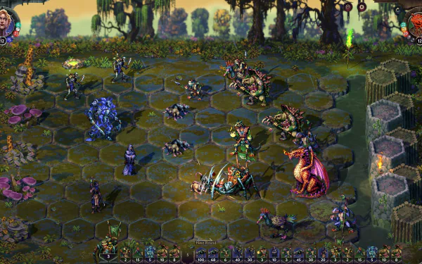 HD desktop wallpaper of the video game Songs of Conquest, featuring a detailed and colorful in-game battle scene with various characters and creatures on a hexagonal grid battlefield.