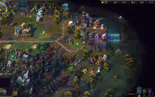 HD desktop wallpaper of the video game Songs of Conquest, showcasing a detailed fantasy landscape with lush forests, buildings, and a waterfall.