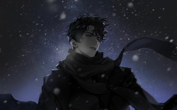 HD anime desktop wallpaper featuring Kim Dokja from Omniscient Reader's Viewpoint, standing in the night with a dark scarf, snow falling around, and a serene, starry background.