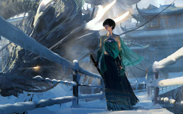 HD desktop wallpaper from the GhostBlade comic, showcasing a character in traditional attire, standing on a snow-covered bridge with an ethereal dragon in the background under a clear blue sky.