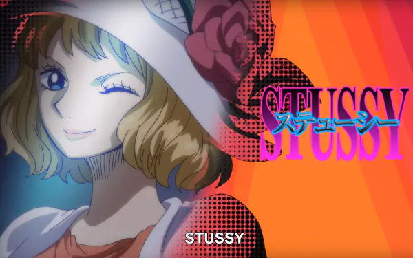 HD desktop wallpaper featuring Stussy from the anime One Piece. Stussy is shown winking with a confident smile, set against a vibrant, colorful background with her name displayed prominently.