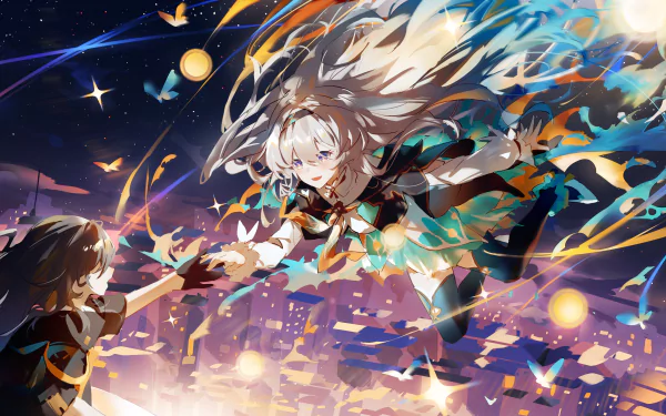 4K Ultra HD wallpaper featuring Stelle and Firefly from Honkai: Star Rail reaching out amidst a vibrant, glowing cityscape under a starry sky.