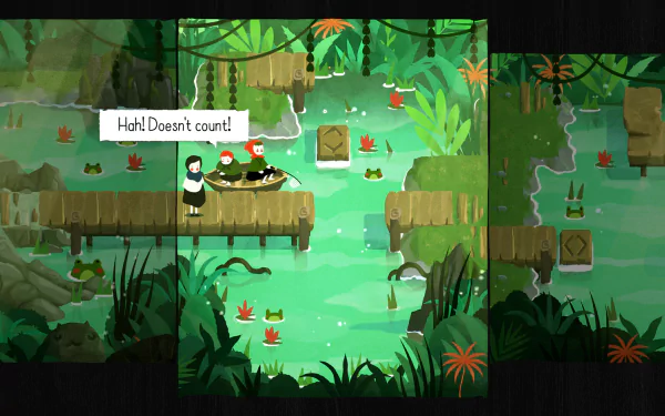 HD desktop wallpaper from the video game Paper Trail, featuring characters on wooden platforms in a vibrant, lush jungle scene with text saying, Hah! Doesn't count!