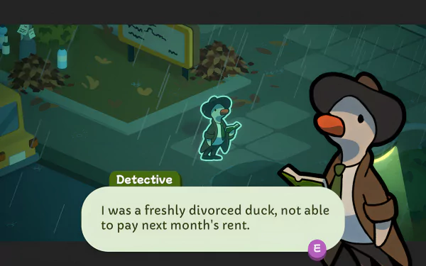 HD desktop wallpaper from the video game Duck Detective: The Secret Salami, featuring a duck detective in a rainy urban setting, narrating about a fresh divorce.