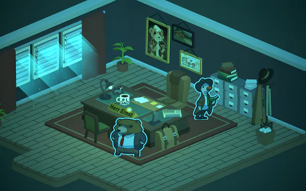 HD desktop wallpaper featuring a scene from the video game Duck Detective: The Secret Salami. The image shows a detective's office with two animated characters, a desk, and various detective items.