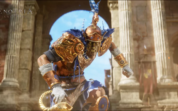 HD desktop wallpaper featuring a warrior in ornate armor from the video game Enotria: The Last Song, set against a backdrop of ancient ruins.