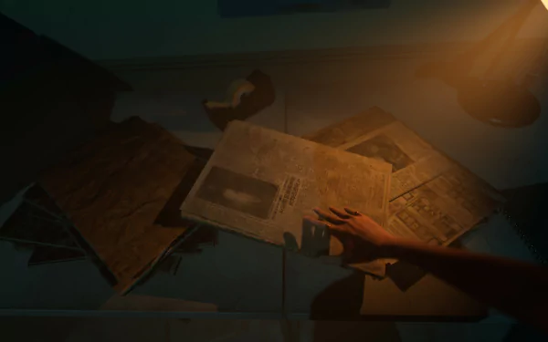 A hand reaches for scattered newspapers under dim lighting in a scene from the video game The Bridge Curse 2: The Extrication. This HD desktop wallpaper evokes a mysterious and eerie atmosphere.