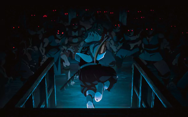 4K Ultra HD anime wallpaper featuring Sanemi Shinazugawa from Demon Slayer: Kimetsu no Yaiba, surrounded by eerie figures with glowing red eyes in a dark setting.