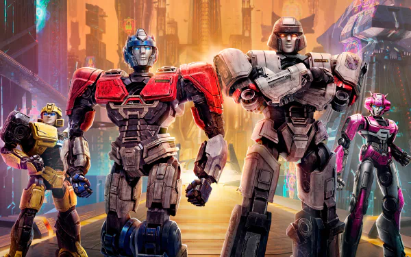 4K Ultra HD PC desktop wallpaper featuring vibrant characters from the Transformers One movie standing in a futuristic, neon-lit cityscape.