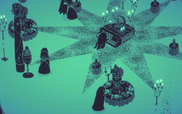 HD desktop wallpaper and background from the video game Hauntii featuring a mysterious, teal-colored scene with dark-robed figures around tables and an intricate central star design.