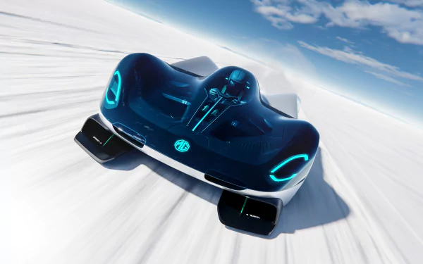 This HD desktop wallpaper features the sleek and futuristic MG EXE181 car racing at high speeds under a clear blue sky.