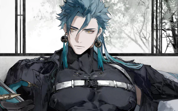 HD desktop wallpaper featuring Jiyan from the video game Wuthering Waves, showcasing a detailed character design with blue hair, wearing a black outfit, and a serene background with trees.