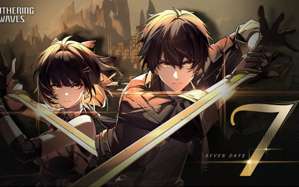 HD desktop wallpaper featuring characters from the video game Wuthering Waves. The dynamic duo, including Rover, holds weapons against a dramatic, mountainous backdrop with Seven Days written on the side.