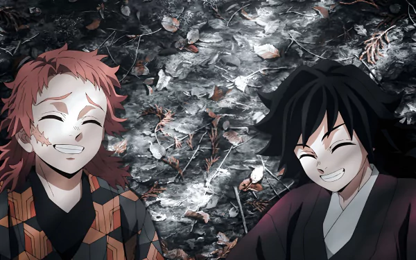 Anime-style 4K Ultra HD desktop wallpaper featuring smiling characters from Demon Slayer: Kimetsu no Yaiba against a dark, textured background with scattered leaves.