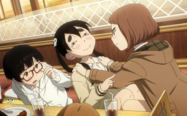 Anime scene from Dead Dead Demon's Dededede Destruction showing three characters interacting playfully at a restaurant. HD desktop wallpaper and background.