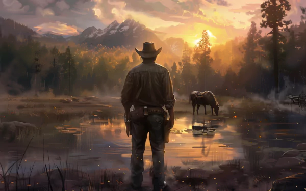 Artistic HD desktop wallpaper featuring a cowboy overlooking a serene landscape with a grazing horse by a reflective water body and mountains in the background during sunset.