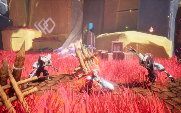 HD desktop wallpaper from the video game Astor: Blade of the Monolith featuring a vibrant battle scene with characters clashing in a colorful, alien landscape with red grass and futuristic elements.