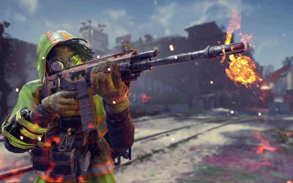 HD wallpaper featuring an intense scene from the video game XDefiant, showing a character in a green hooded outfit, firing a weapon with flames in an urban environment.