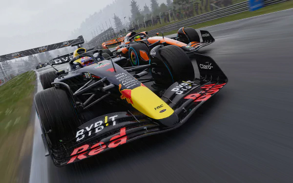 HD desktop wallpaper of the video game F1 24, featuring a close-up racing scene with two Formula 1 cars on a wet track.
