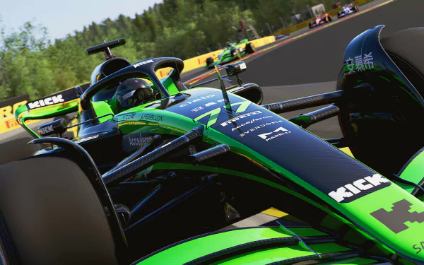 HD desktop wallpaper featuring an intense racing scene from the F1 24 video game, showcasing a sleek green Formula 1 car speeding through a track.