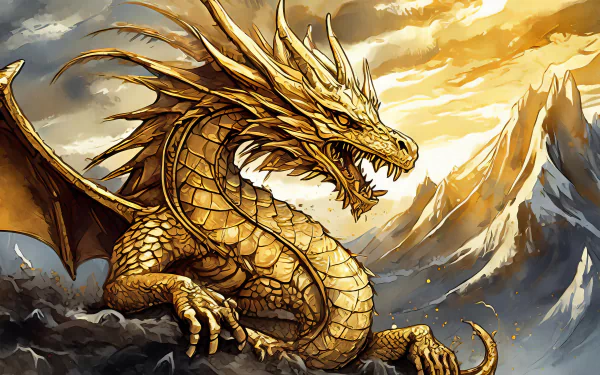 HD desktop wallpaper featuring a majestic golden dragon perched on rocky terrain against a dramatic mountain backdrop and vibrant skies, evoking a captivating fantasy scene.