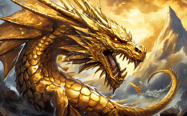 HD wallpaper featuring a majestic golden dragon amidst a dramatic, mountainous fantasy landscape, showcasing intricate golden scales and a fierce expression.