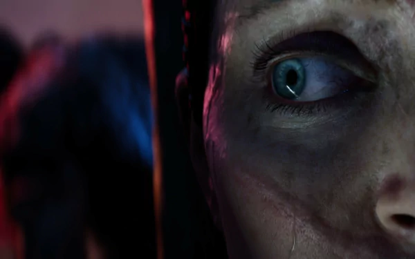 Close-up HD wallpaper of a character from Senua's Saga: Hellblade II with a detailed, intense expression.