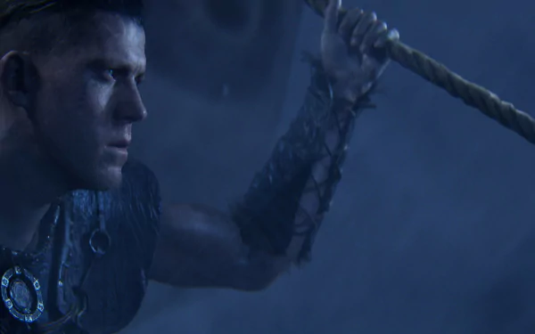 HD desktop wallpaper featuring a character from the video game Senua's Saga: Hellblade II in a dark, stormy setting, gripping a rope with a determined expression.