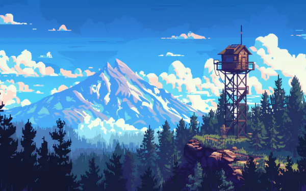 Pixel art HD wallpaper of Firewatch (Videogame) featuring a forest with a lookout tower and a snow-capped mountain in the background, against a vibrant blue sky with clouds.